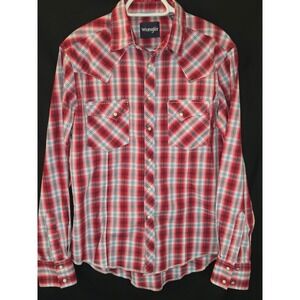 Wrangler Western Shirt Mens Medium Plaid‎ Long Sleeve Pearl Snap Cowboy